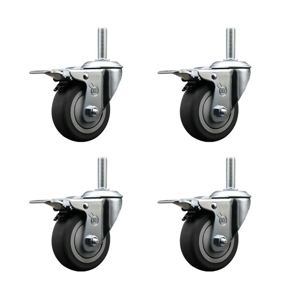 4 Inch Thermoplastic  Rubber Swivel 34 Inch Threaded Stem Caster Set with Total Lock Brake